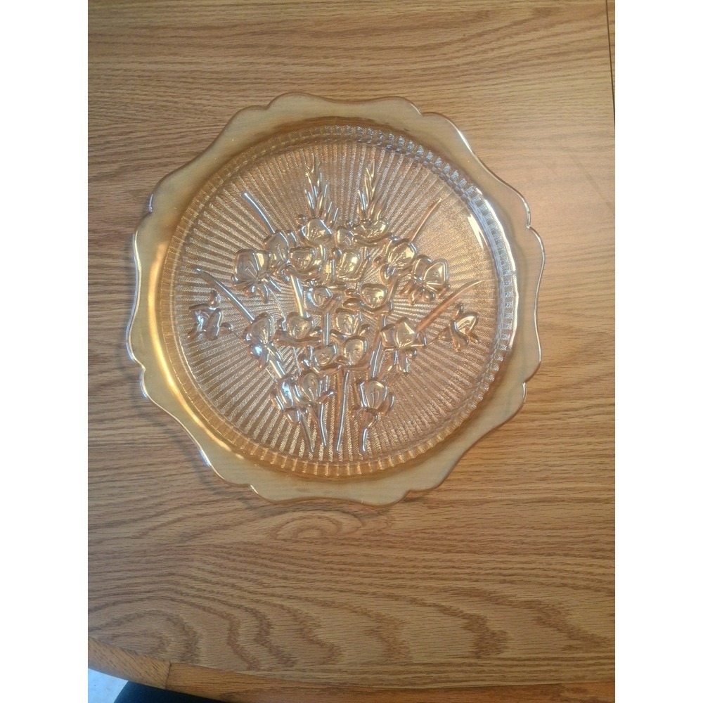 Vtg Jeanette Carnival Glass 12" Platter Herringbone Iris Marigold Cake Plate